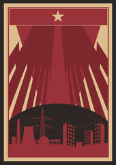 Retro Revolution Propaganda Poster. Stilisierte Geb&auml;ude, Strommast und Industrie.