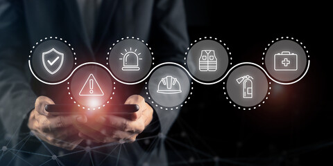 Workplace safety technology for zero accidents concept. Workplace safety technology in working process with safety culture and training, safety technology, protections, health care, regulations.