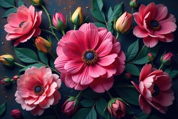 Lush floral arrangement with deep jewel tones, intricate details, & rich textures form a luxurious backdrop, textures, botanical