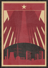 Retro Revolution Propaganda Poster. Stilisierte Geb&auml;ude,Strommast und Industrie auf grunge Papier Hintergrund.