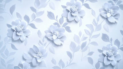 Fototapeta premium Elegant white floral design on soft grey background, featuring intricate paper flowers and leaves, creating serene and calming atmosphere