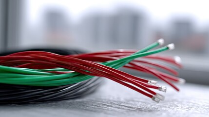 A close-up view of colorful electrical installation wires, including red, green, and black cables, laid out on a clean workspace