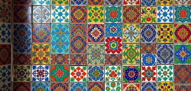 Vibrant, patterned vintage Turkish ceramic tiles create a colorful wall backdrop,  colorful background, home decor