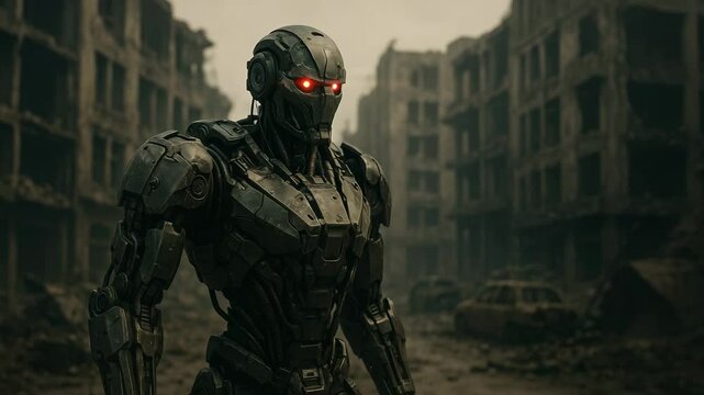 A highly advanced robot walking through a ruined warzone