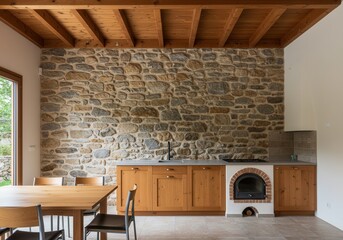 Rustic kitchen interior featuring a stone wall, wooden cabinets, and a wood-fired oven