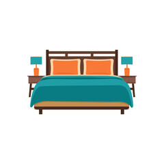 A front-view flat vector illustration of a modern double bed with turquoise bedding and orange pillows