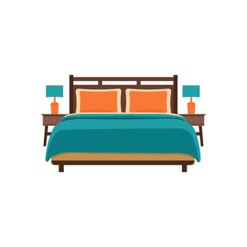 A front-view flat vector illustration of a modern double bed with turquoise bedding and orange pillows