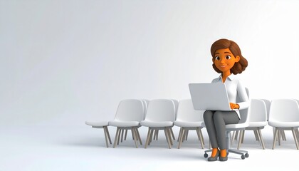 Fototapeta premium Animated Businesswoman Working on Laptop in Waiting Area Modern Office Chair Scene