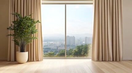 Fototapeta premium An empty room with a large potted green plant by a large window, light wooden floors, beige curtains, and a view of high-rise buildings and greenery under a clear sky.