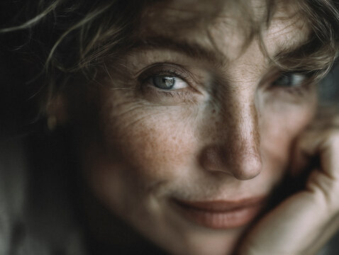 A striking portrait of an older woman with bright eyes and a confident half-smile
