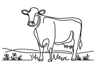 Single Line Cow Illustration Grazing Peacefully in a Green Field