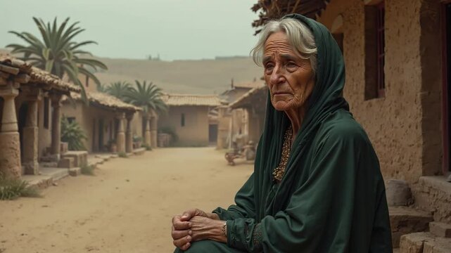 Middle Eastern woman sitting outside her house