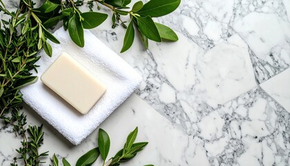 Relaxing soap spa experience home bathroom product photography natural setting overhead view wellness concept