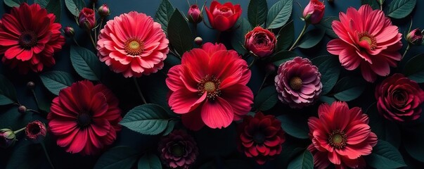 Lush dark floral arrangement, rich textures, dramatic light, sophisticated mood, dark, background