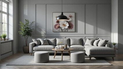 Elegant Modern Living Room Featuring Grey Sofa and Floral Artwork with Bright Natural Light