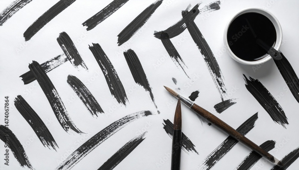 Aufkleber dynamic brush strokes in black ink artistic studio fine art creation creative workspace overhead vie