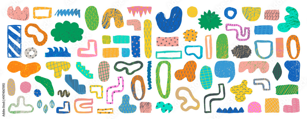 Poster grunge modern shapes set. grunge doodles, elements and shapes. geometric grungy abstract ornaments. 
