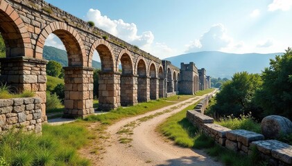 Obraz premium Ancient Roman aqueduct ruins, weathered stone, sun-drenched landscape , landscape, old, crumbling