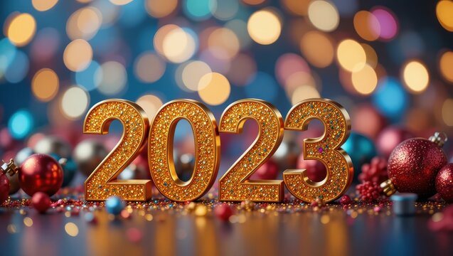 Festive New Year 2023 Celebration with Glittering Decorations and Colorful Bokeh Lights