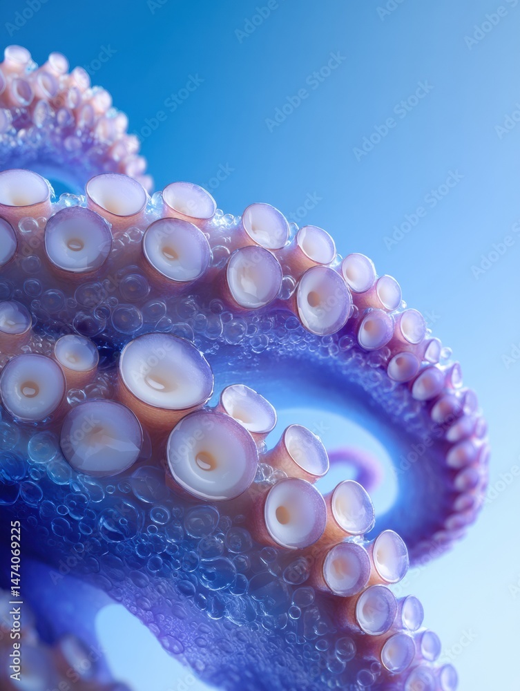 Poster detailed view of octopus tentacle resting over a clean gradient blue background showcasing unique te