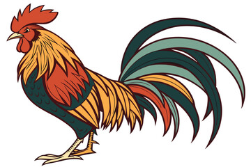 127 rooster, colorful feathers, vibrant hues, detailed plumage, majestic pose, proud stance, isolated white background, photorealistic, highly detailed