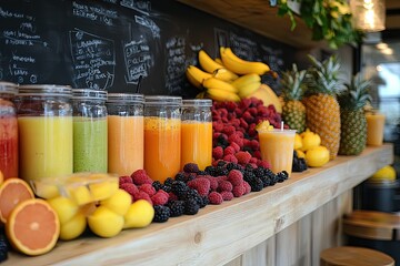 A vibrant juice bar setup with fresh fruits beside a fast food milkshake