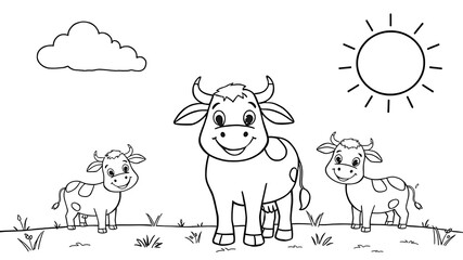 Obraz premium Cartoon depiction of three smiling cows under the sun and cloud illustration