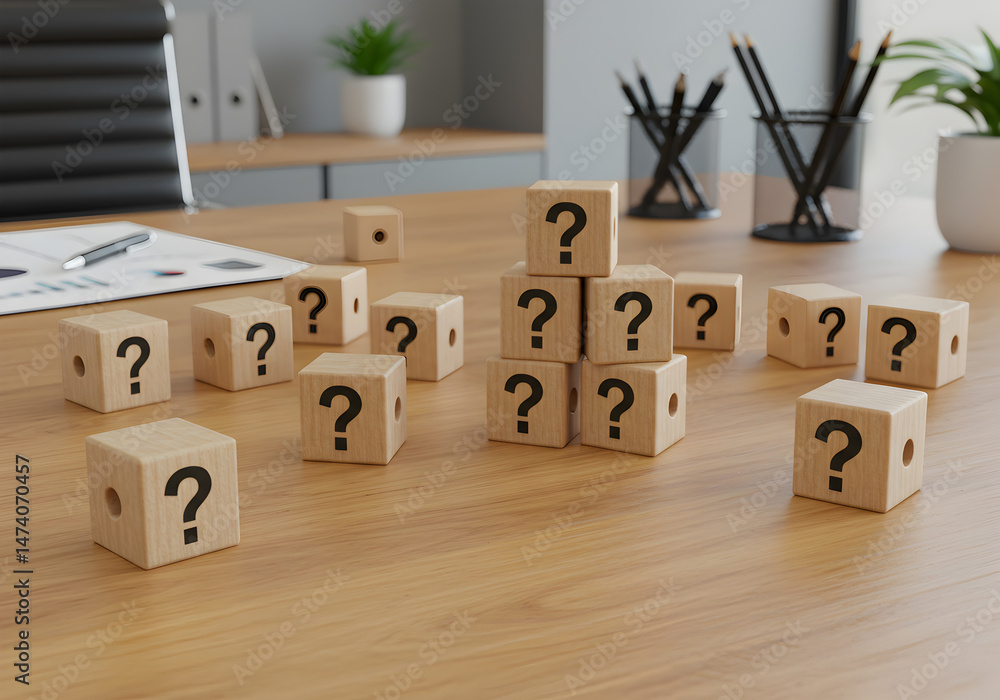 Poster business questions concept wooden blocks with question marks on office desk for problem solving idea
