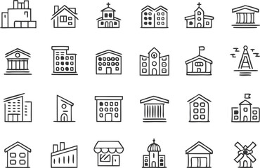 Building thin line icons set. Building, Architecture, House, Hospital, Office, School, Bank, Church, Hotel editable stroke icon. Vector
