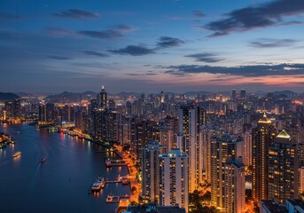 Naklejka premium Night panorama of a city skyline along a river with illuminated buildings and a colorful sky at dusk