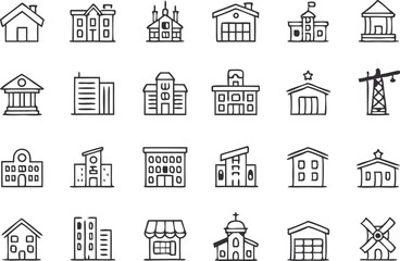 Obraz premium Building thin line icons set. Building, Architecture, House, Hospital, Office, School, Bank, Church, Hotel editable stroke icon. Vector