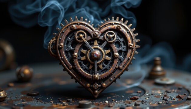 steampunk heart gear mechanism in dark smoky setting for industrial steampunk aesthetic photography with rich metallic tones and vintage mechanics ideal for niche product listings
