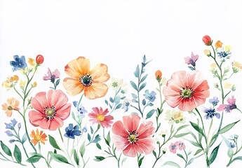 Obraz premium A watercolor-style illustration with colorful flowers like red, purple, yellow, and blue at the bottom edge, green leaves, and a pure white background.