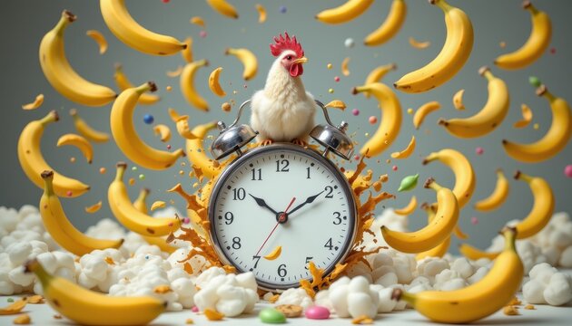 white chicken perched on exploding clock amidst flying bananas for surreal conceptual photography with bold colors and whimsical elements, perfect for creative branding or modern art product listings