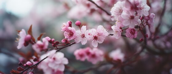 Obraz premium Soft pink cherry blossoms burst in vibrant bloom, set against a blurred, gentle backdrop, symbolizing the ephemeral beauty and fleeting nature of spring.
