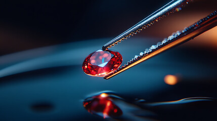 Close-up of a Red Gemstone Held by Tweezers