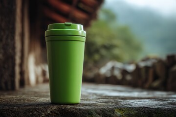 Obraz premium Lime-green travel mug on a rustic outdoor surface.