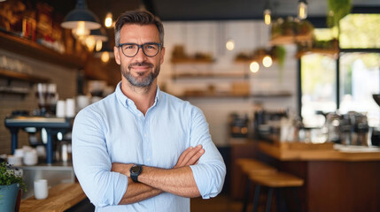 Confident middle-aged man with beard and glasses stands inside cozy modern cafe, arms crossed and smiling, surrounded by warm lights and contemporary decor.