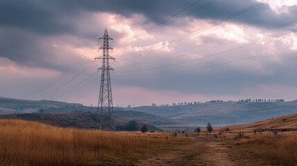 A high-voltage electricity tower standing tall in a rural landscape, with string cables stretching overhead toward distant hills and power stations