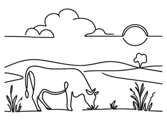 Cow in Meadow Single Line Art Illustration For Farm Scenes