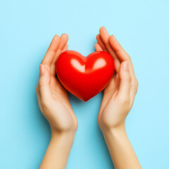 Fototapeta premium Two Hands Gently Holding a Red Heart on a Light Blue Background