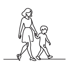 Single Line Drawing of Mother and Child Walking Together Illustration