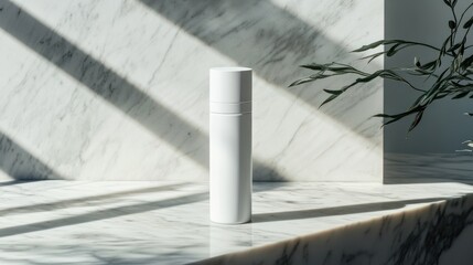 White cosmetic bottle on marble