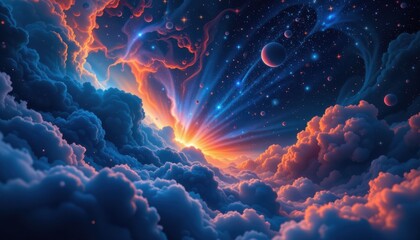cosmic nebula with blue and orange hues creating a surreal space landscape with glowing stars and swirling clouds, perfect for space photography or digital art themed product branding