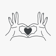 Human hands show a heart from the fingers. Minimal hand draw illustration. Isolated silhouette element. Symbol protect health love. Fabric textile print.