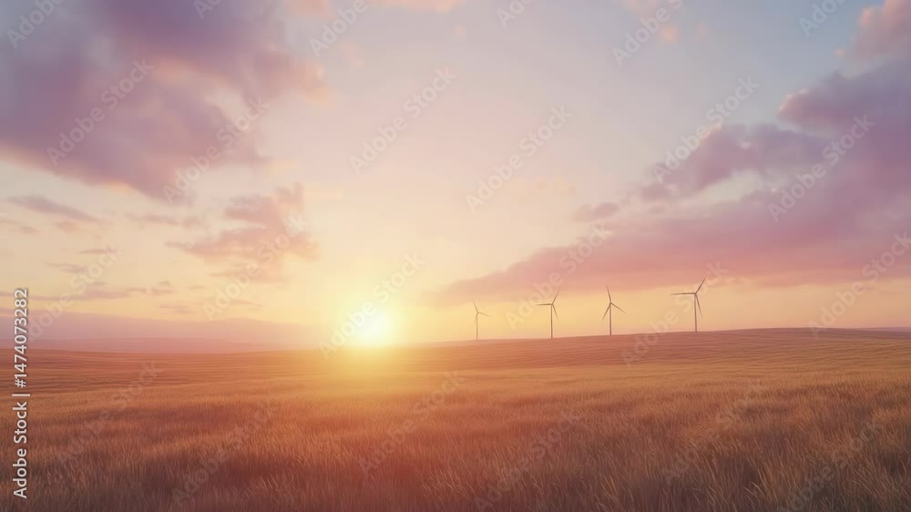 Poster a serene scene of the sun setting behind a field of golden wheat, ideal for use in rural or agricult