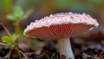 extreme macro photography of a delicate pink mushroom cap with intricate details in nature