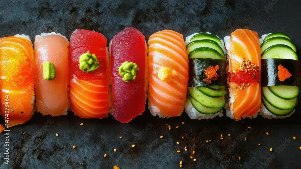Poster fresh sushi rolls with cucumbers and various toppings for a healthy snack