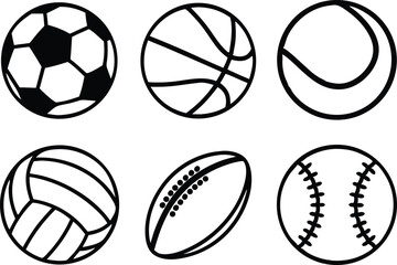 Sport balls set. Ball icons. Balls for Football, Soccer, Basketball, Tennis, Baseball, Volleyball. Vector illustration
