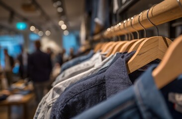 Naklejka premium Close-up View of Stylish Shirts Hanging on Wooden Hangers in a Clothing Store
